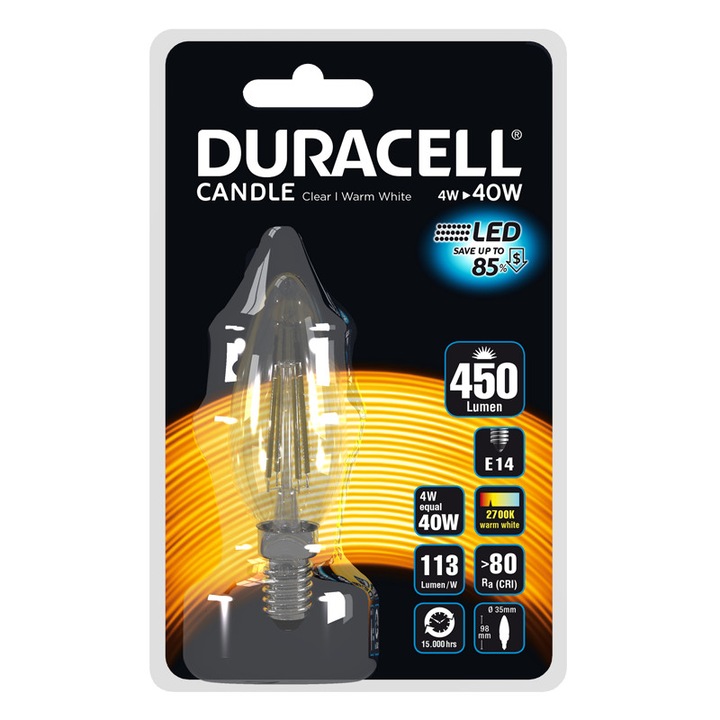 LED крушка тип свещ Duracell, прозрачна, E14, 4W еквивалентна на 40W, 15 000 часа, топла светлина, блистер