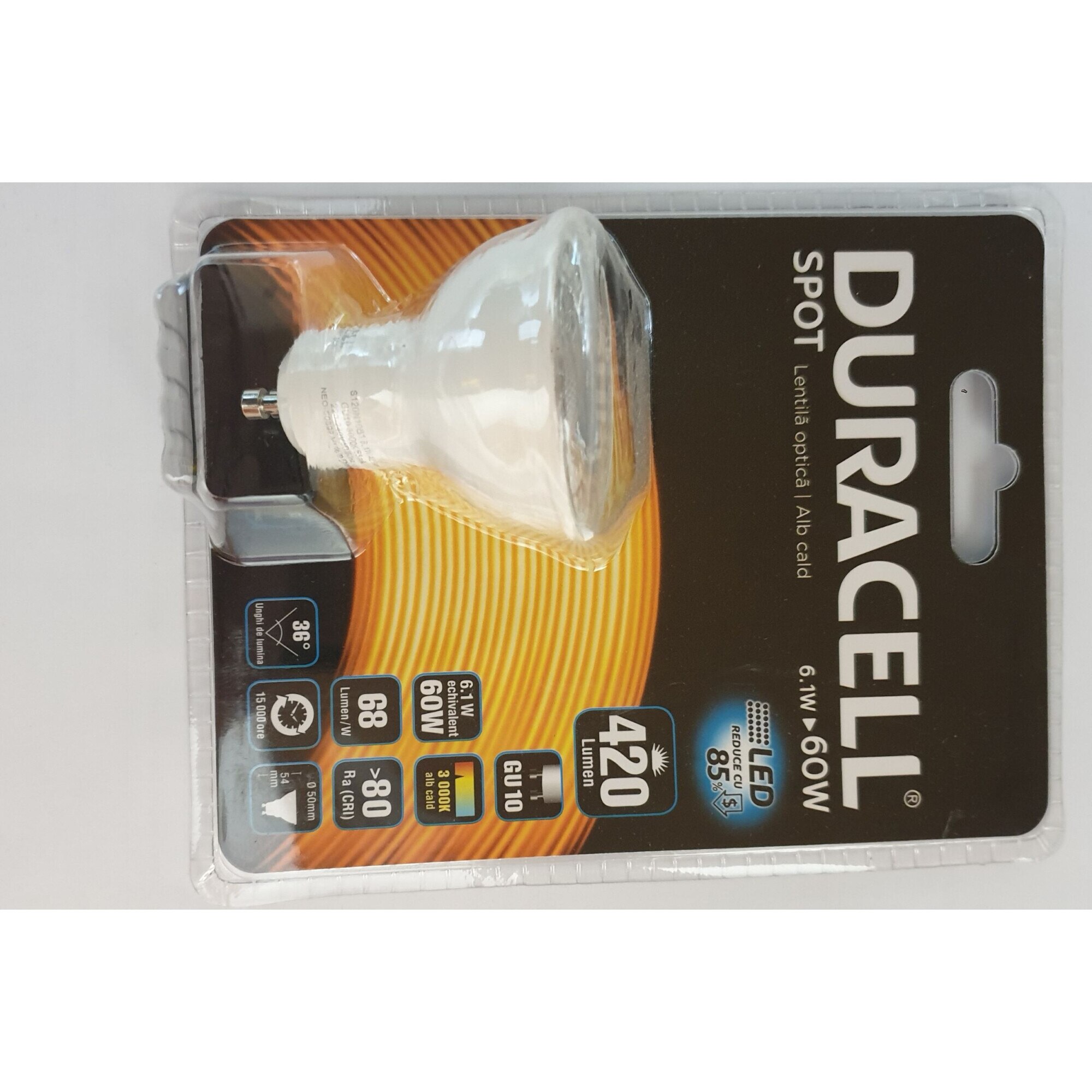 Spot LED Duracell alb, GU10, 6.1 W echivalent 60W, 15.000 ore, lumina calda, blister