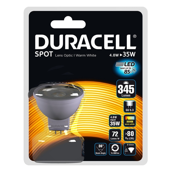 Бял Duracell LED спот, GU5.3, 5 W еквивалент на 35 W, 15 000 часа, топла светлина, блистер