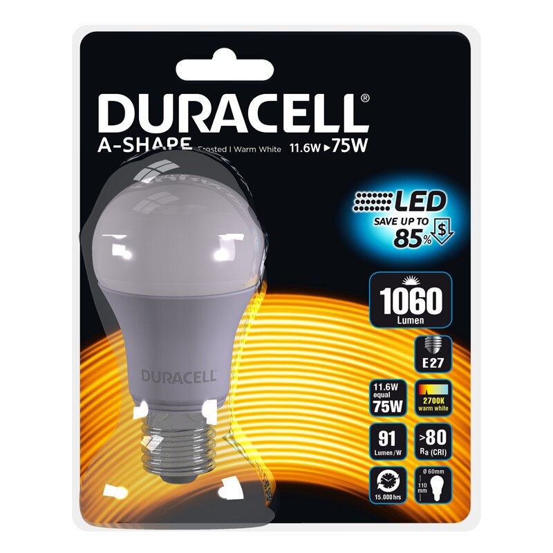 Bec LED Duracell glob, mat, E27, 11.6W echivalent 75W, 15.000 ore, lumina calda, blister