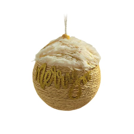 Set 5 Globuri Craciun, Editie Speciala - Merry Fluffy Globe, Auriu cu Alb, 11 cm