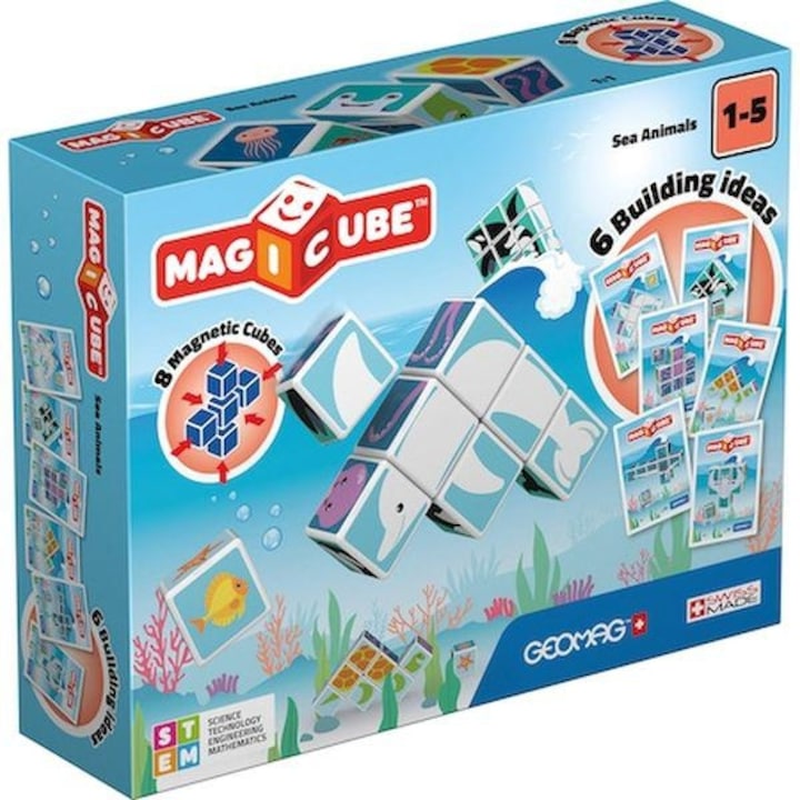 Set de constructie, Geomag, Geomag Magicube animale acvatice, 11 buc