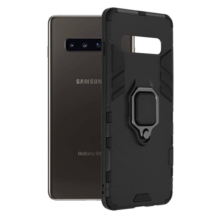 AZIAO Armor Ring Case за Samsung Galaxy S10 Plus, армейски щит, хибридна структура, 360° магнитен поддържащ пръстен, здрав издръжлив калъф, титаниево черно