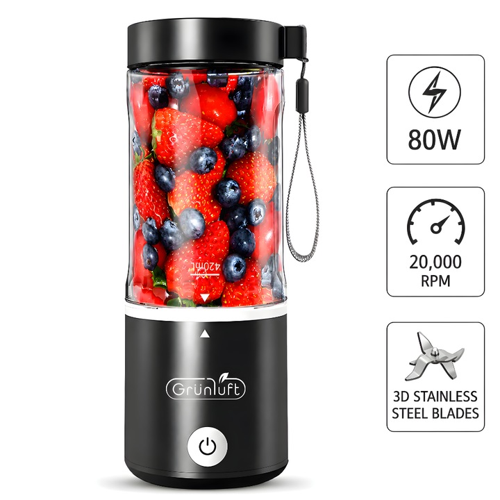 Mini Blender Electric, Grunluft® Easy Mix, 80W, 20.000 RPM, Portabil, Multifunctional, Auto-Curatare, Autonomie Mare, Capacitate 420ml, 6 Lame 3D, Acumulator, Negru