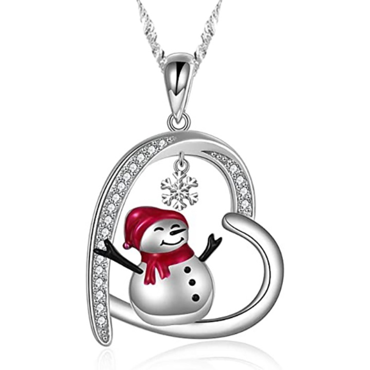 Сребърно колие, Сърце със снежен човек, Сребрист/Розов, Цирконий