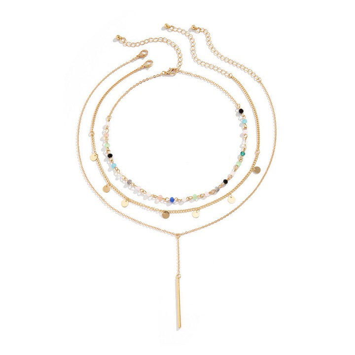 Set 3 lantisoare, margelute fatetate, banuti si tija Auriu