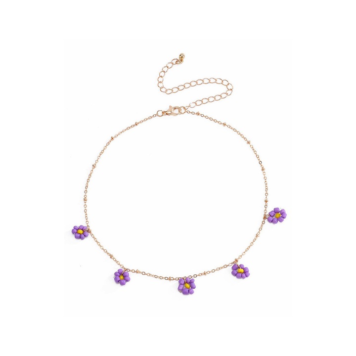 Colier delicat si vesel, lantisor subtire cu floricele din margelute colorate Mov