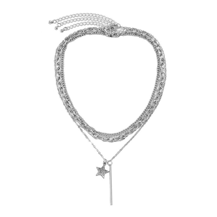 Set 3 coliere multilayer cu lanturi, steluta cu cristale si tija metalica Argintiu