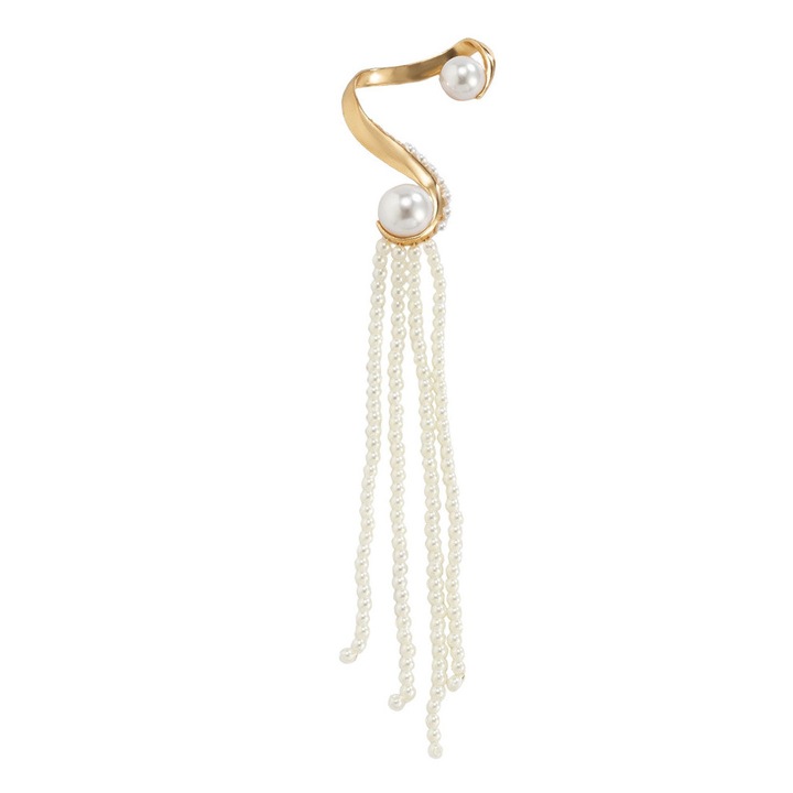 Cercel ear cuff statement cu sir lung de perle prinse de suport masiv Auriu Urechea dreapta