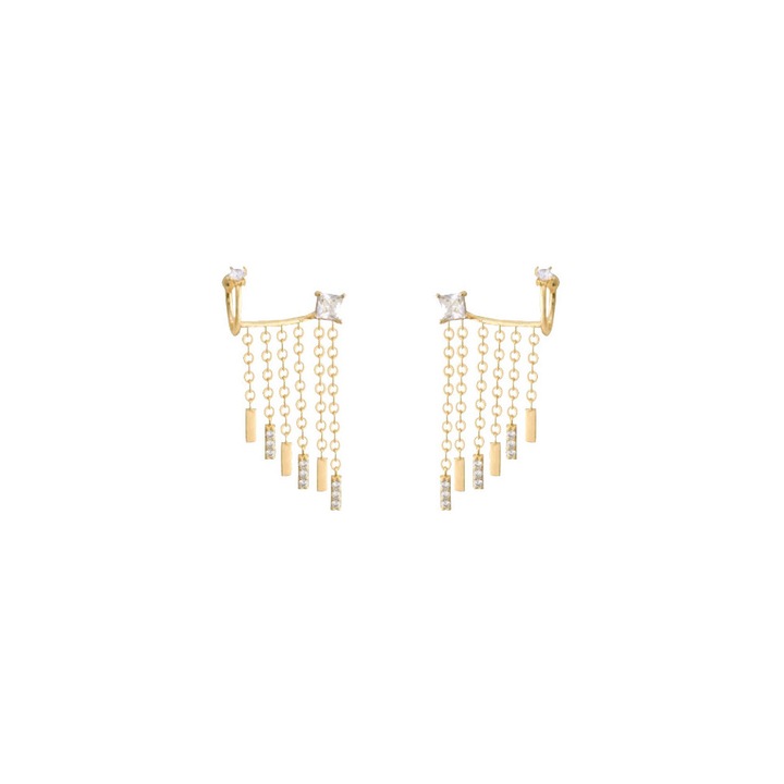 Set cercei ear cuff cu lantisoare care atarna si cristal in lobul urechii Auriu Urechea stanga sau dreapta