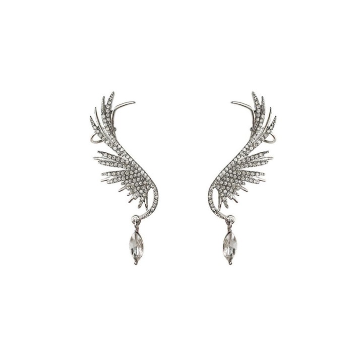Set cercei ear cuff pentru mireasa, aripi stilizate cu cristal alungit la baza, prindere cu ac si pe ureche Argintiu Urechea stanga sau dreapta