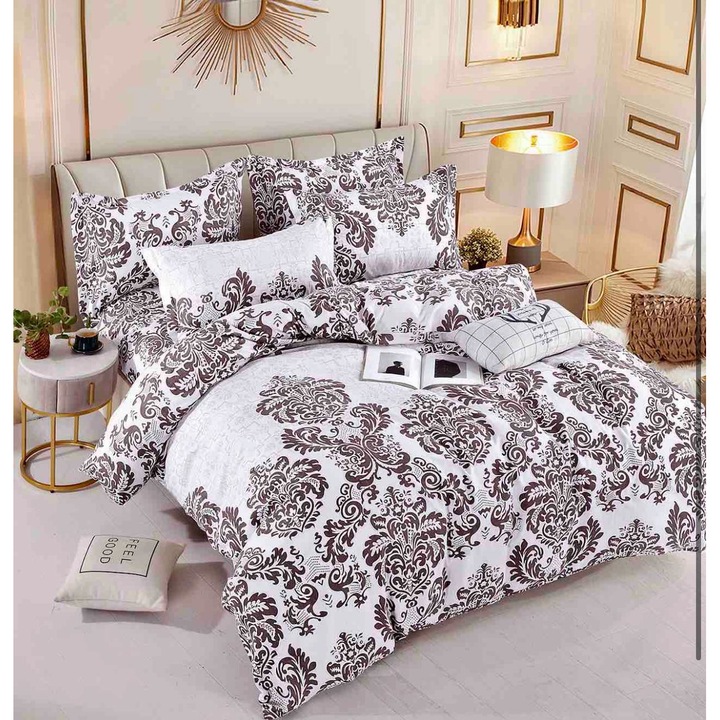 100% фино памучно спално бельо, двойно легло, чаршаф с ластик, 6 части, популярен принт, бяло/черно