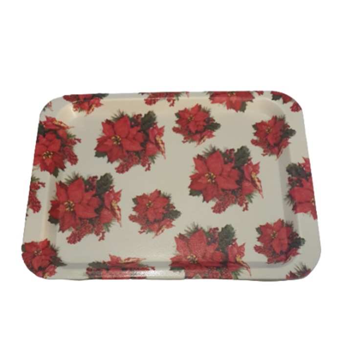 Tava plastic dreptunghi, Craciun, 35 x 25 cm, Alb cu Craciunite
