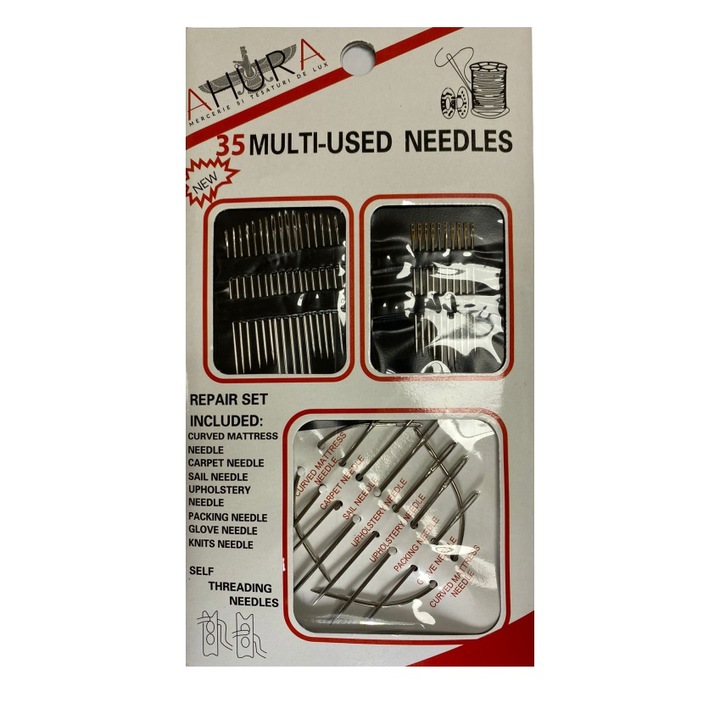 Kit complex de ace cu sistem rapid de introdus ata, ace curbate, pentru cusut manual 32 bucati