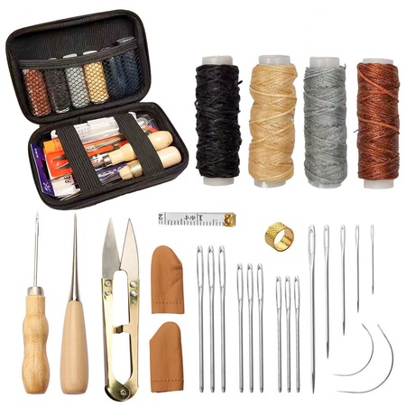 Set 28 articole cusut piele, LeeXo cu Geanta depozitare, ace si ata cerata