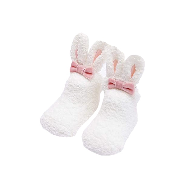 Детски чорапи, топли, нехлъзгащи се, модел зайче, аксесоар с ушички и панделка, EFAYN, Бял