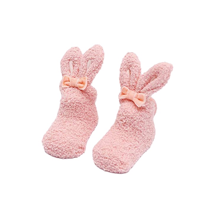 Детски чорапи, топли, нехлъзгащи се, модел зайче, аксесоар с ушички и панделка, EFAYN, Розово