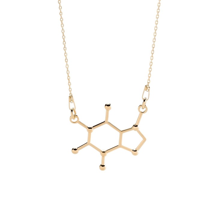 Colier din argint 925 placat cu aur – pandantiv molecula de cofeina, stil urban-chic, bijuterie moderna cu personalitate, Giorre