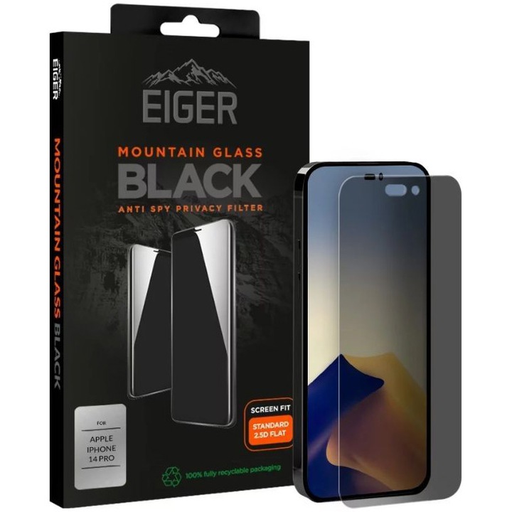 Folie de protectie Eiger Sticla 2.5D Mountain Glass Privacy pentru iPhone 14 Pro, Black