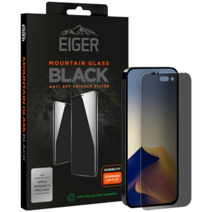 Folie de protectie Eiger Sticla 2.5D Mountain Glass Privacy pentru iPhone 14 Pro Max, Black