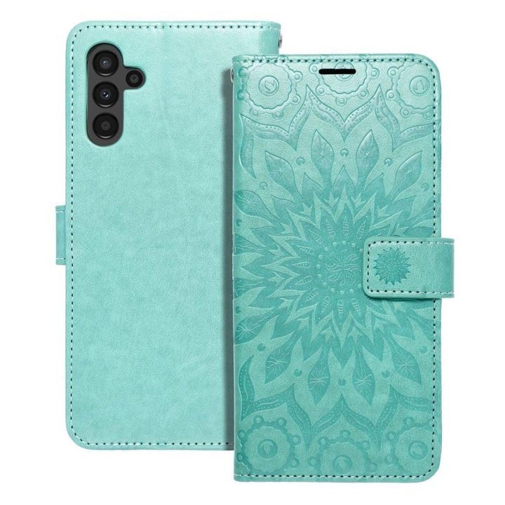 Telefontok Samsung Galaxy A04s (A047) - MEZZO mandala mintás zöld mágneses szilikon keretes könyvtok