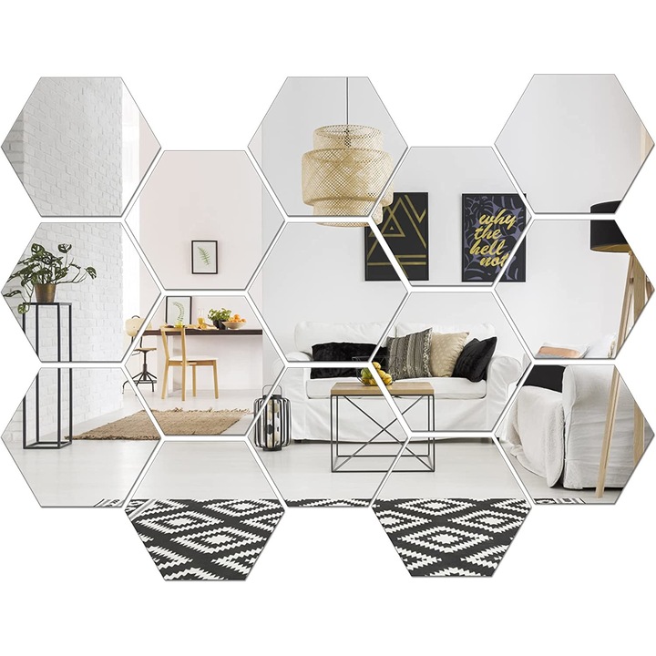 Комплект 15 акрилни огледала Luxer, модел шестоъгълник, 18,5x16x9,3 см, сребро