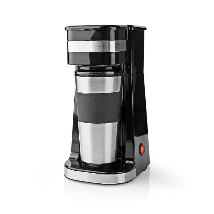 Кафеварка + комплект чаши за път, Nedis, Пластмаса/Неръждаема стомана, 700 W, 0.42 л, Черен/Сребрист