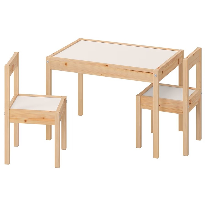 Set masuta + 2 scaune pentru copii, lemn masiv de pin, suprafete melaminate, usor de intretinut, alb/natur