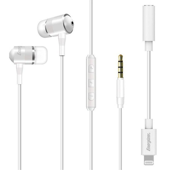 Casti in ear cu fir + Adaptor Lightning, Energizer, Jack 3.5 mm, Cablu 1.2 m, Alb