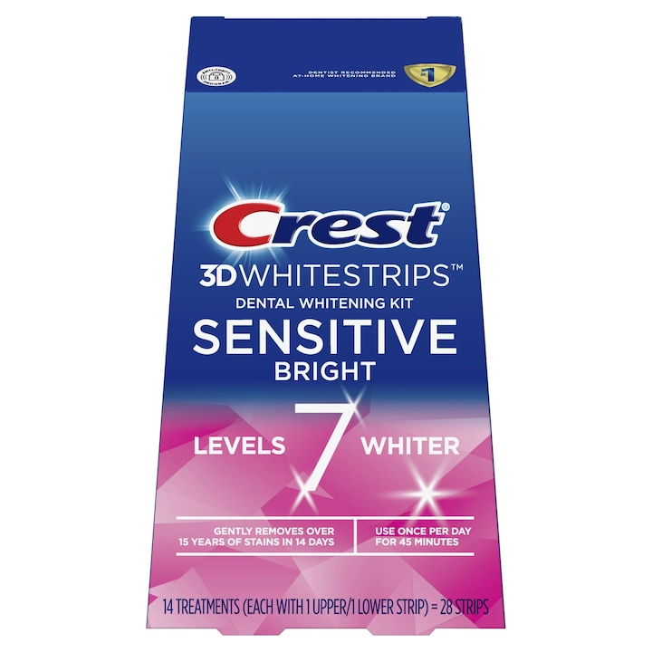 Crest Whitestrips 3D Sensitive Bright fogfehérítő csíkok, érzékeny fogakhoz, 8%-os koncentráció, 14 napos kezelés, 28 csík