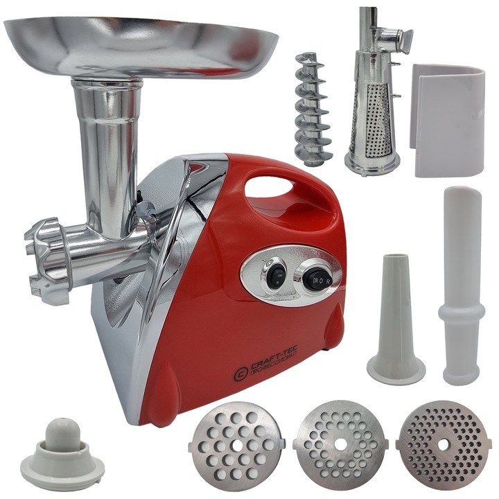 Месомелачка Craft-Tec Red 3500W, Червени аксесоари, колбаси, кюфтета, 3 сита, Функция реверсивна, Мотор от мед