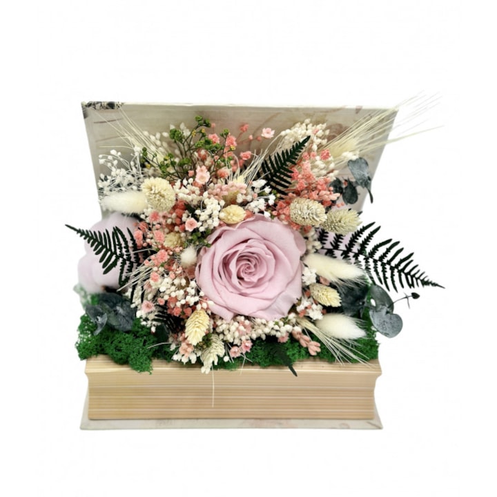 Aranjament floral personalizabil cu licheni, trandafir si plante naturale criogenate si stabilizate in carte Multicolor