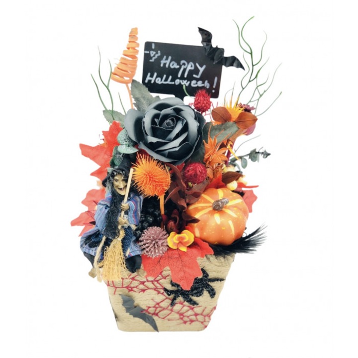 Aranjament floral mediu de Halloween cu flori uscate si figurina din rasina in suport ceramic Portocaliu