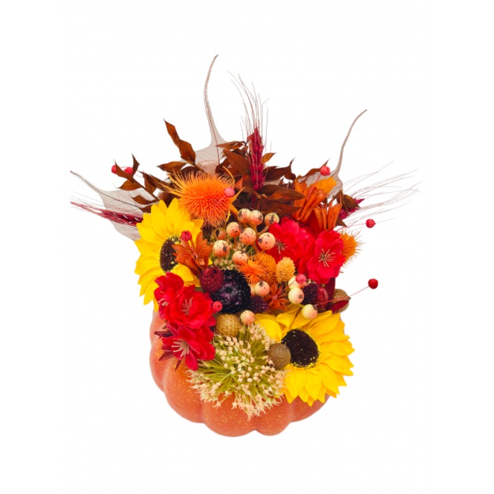 Aranjament floral mediu de toamna sau Halloween cu flori uscate si din foita de sapun in dovleac Portocaliu