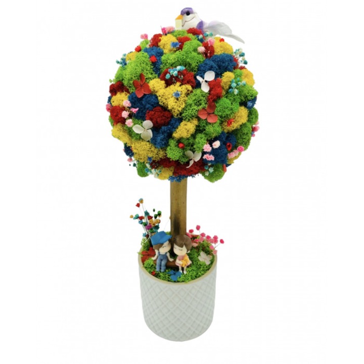 Aranjament floral personalizabil, mediu 38 cm, tip copacel / pomisor cu licheni naturali stabilizati si flori criogenate si uscate in vas ceramic Multicolor