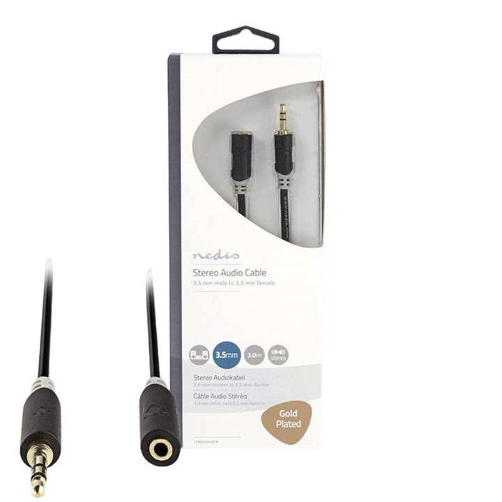 Аудио кабел NEDIS, жак 3,5 мм щепсел-жак 3,5 мм женски, 3 м, черен