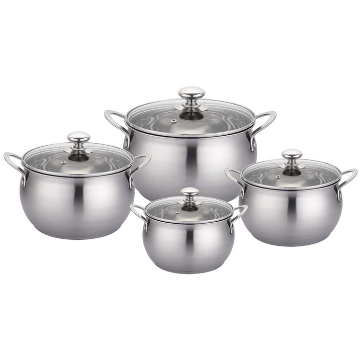 Set 4 oale din inox cu capac din sticla IS0650, 8 piese, Manere termorezistente, Argintiu