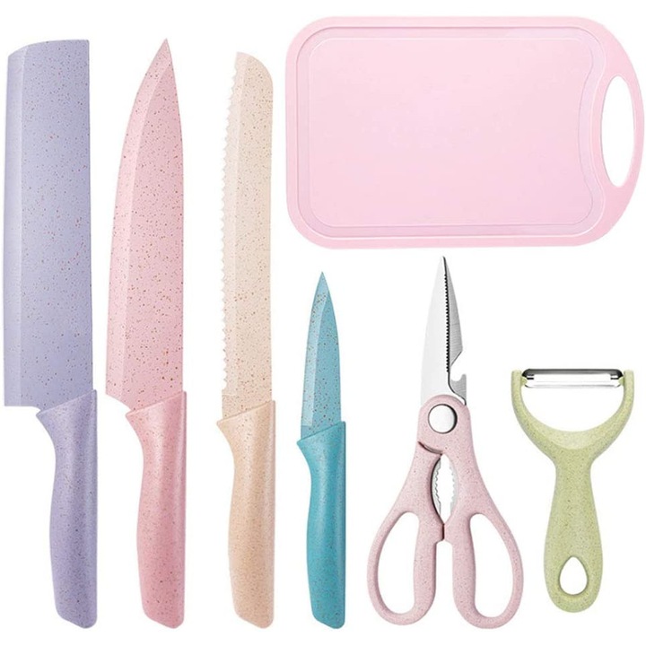 Set de cutite bucatarie colorate 7 piese din otel inoxidabil pentru feliere, taiat carne, fructe si legume, pentru tocat, foarfece, curatator de coaja, tocator inclus