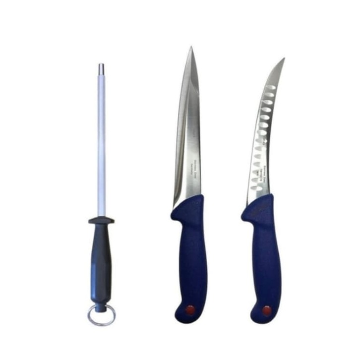 Set cutite profesionale de macelarie, transat, injunghiat, filetat, dezosat, 2 cutite, masat pentru ascutit ct0034