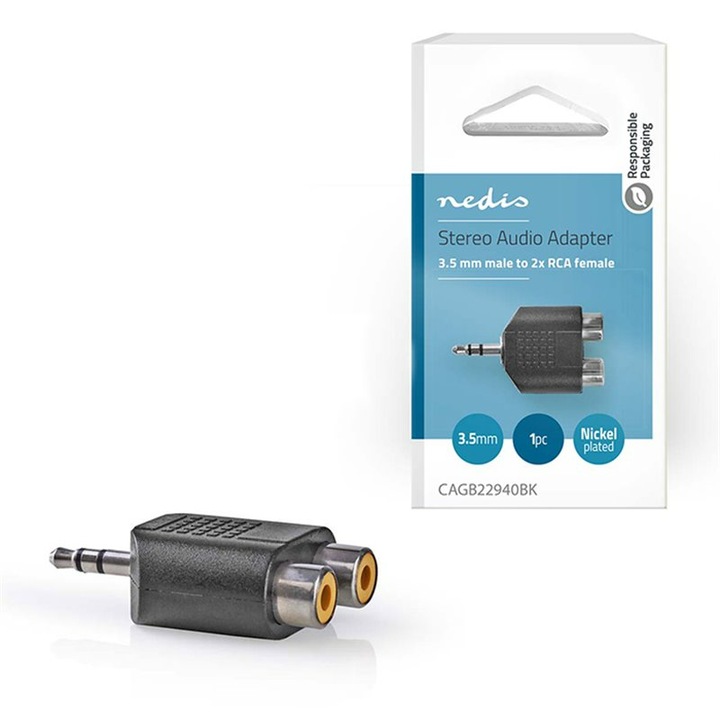 Adaptor audio stereo RCA, Nedis, PVC, Negru