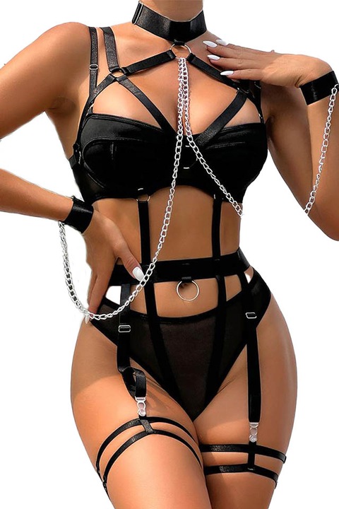 Дамски секси комплект бельо с лицеви опори, черен, колан за тяло със сребърни верижки, SM