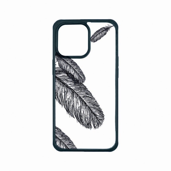 Husa Premium Antisoc Policarbonat/TPU, Compatibila Cu Apple iPhone 13 Pro, Feathers BW, Rezistenta la socuri, Protectie Camera, AP 18