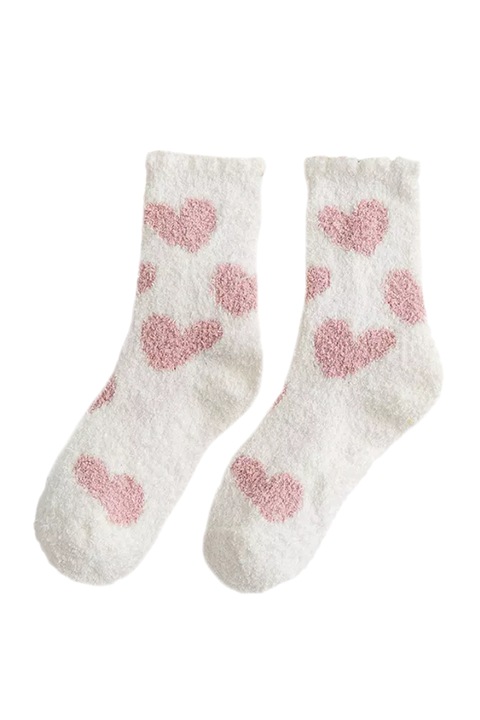 Sosete dama, calduroase, moi, cu imprimeu inimi mari, marime 36-42, albe, EFAYN
