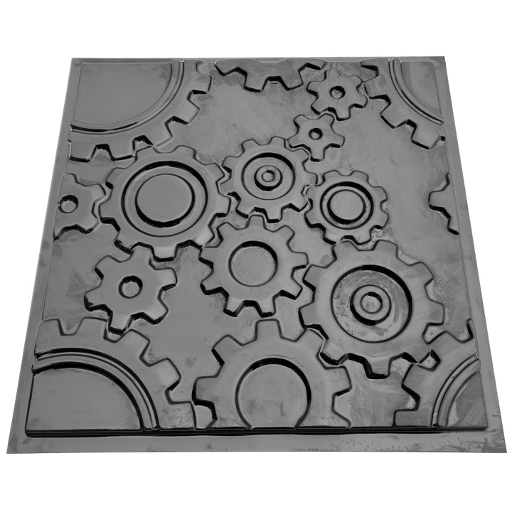 Matrita panou decorativ 3D, model Mecanica Roti, plastic ABS, negru, 50x50cm