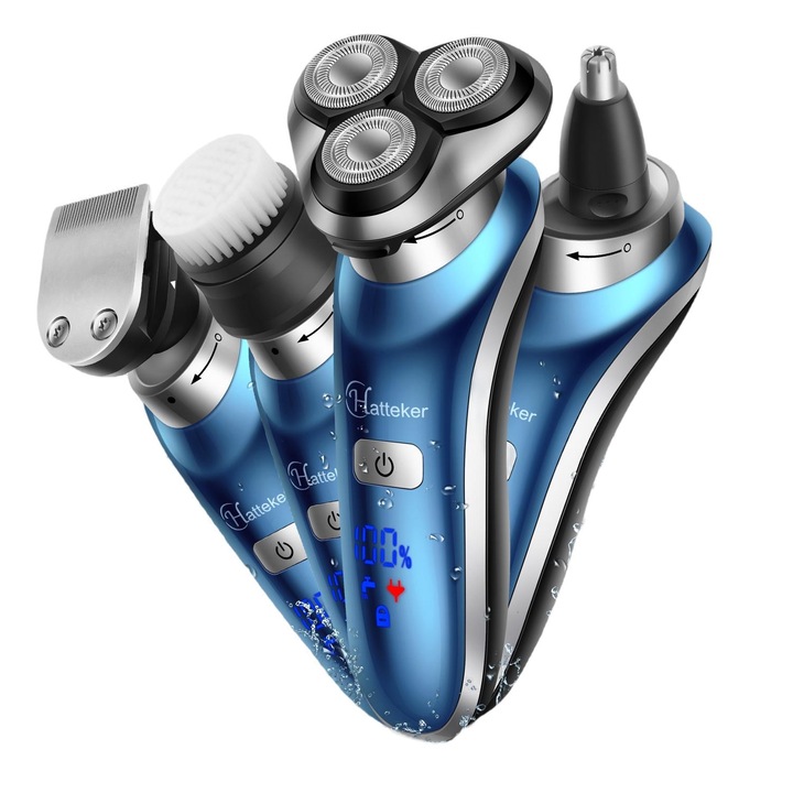 Masina de tuns 4n1, Hatteker, Impermeabil, Afisaj LCD, Incarcare USB, Albastru