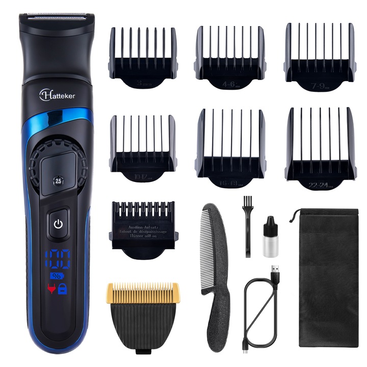 Masina de tuns 2n1, Hatteker, Afisaj LCD, Impermeabil, Negru