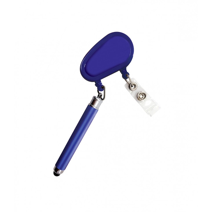 Suport retractabil pentru ecuson prevazut cu stylus pen si pix, Albastru