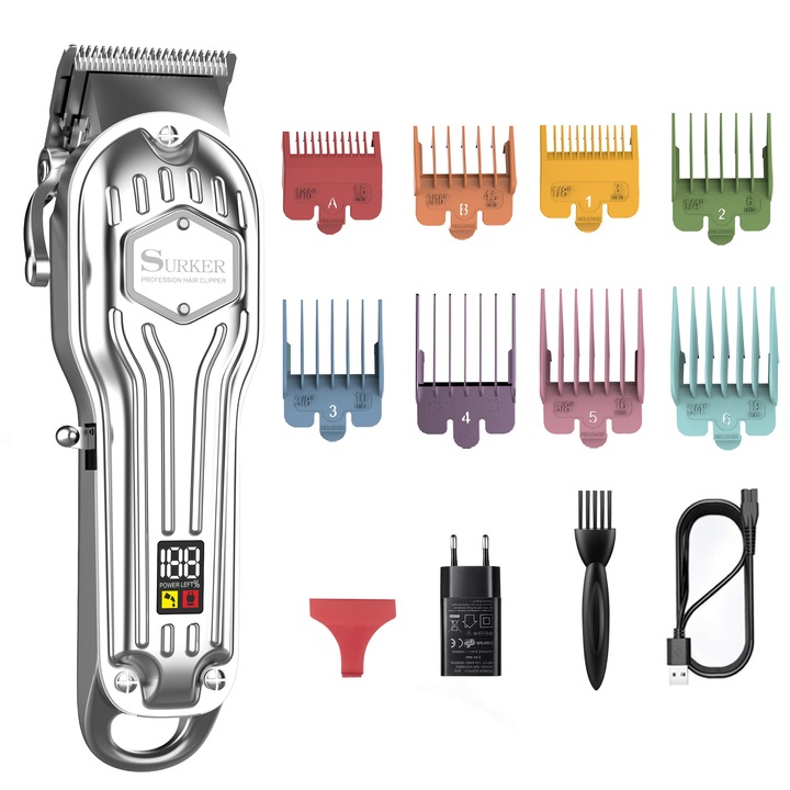 Masina de tuns profesionala, Surker, Afisaj LCD, Wireless, Argintiu