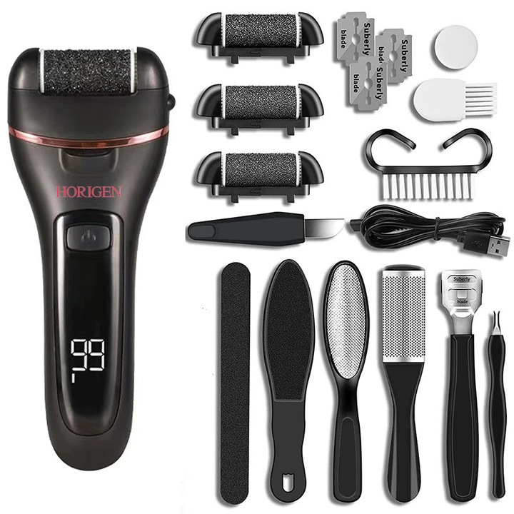 Set Pila Electrica Horigen® V-605 Pentru Talpi Si Calcaie, Afisaj LED, Acumulator 2000 mAh, 2 Viteze, 2000 rot/min, 3 Capete incluse, LED Lanterna, Accesorii Incluse, Negru