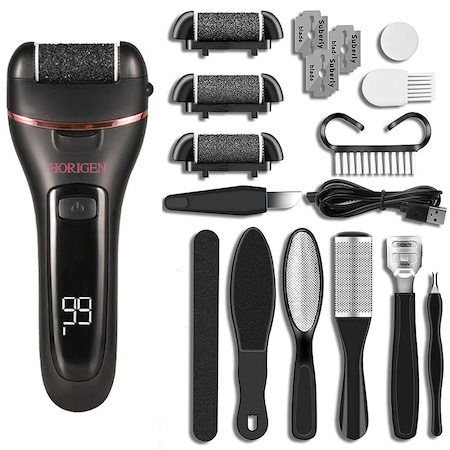 Set Pila electrica Horigen® V-605 pentru talpi si calcaie, afisaj LED, acumulator, 2 viteze, 2000 rot/min, 3 capete incluse, LED lanterna, accesorii incluse, alb